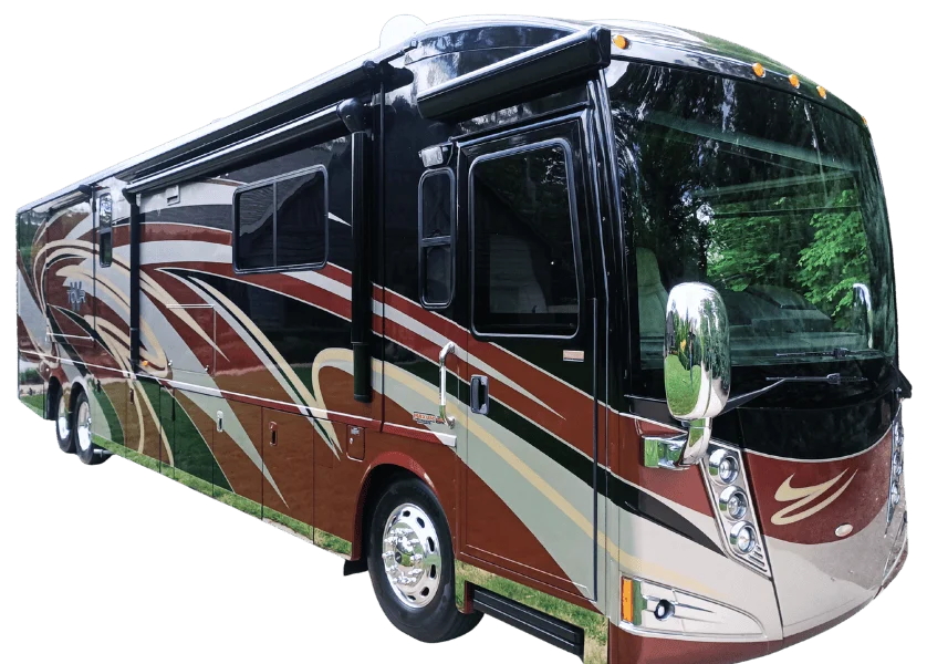 Luxury motorcoach with sleek brown and beige design, reflecting greenery in its windows; part of a Motorcoach and RVs collection.