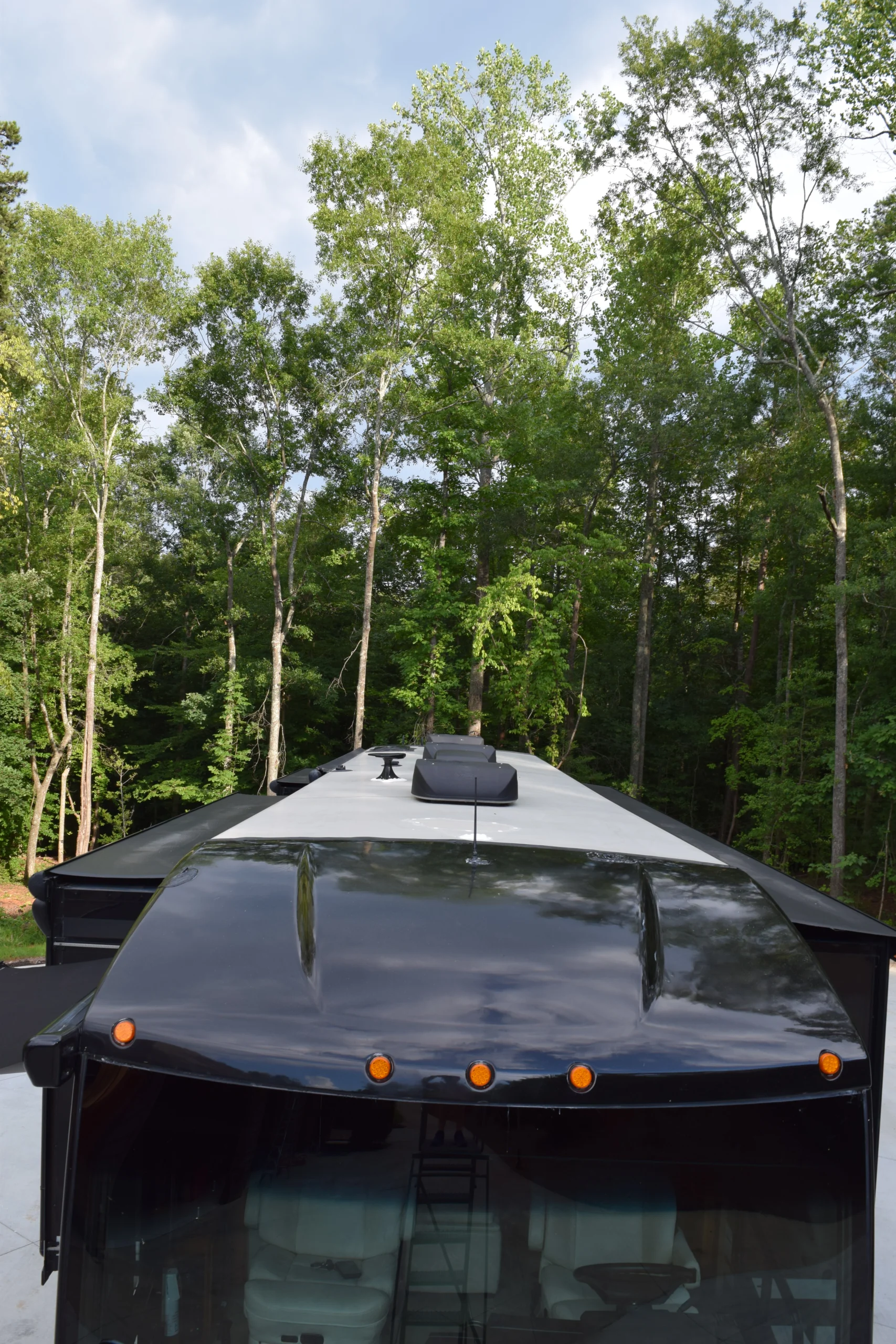 DSC_0568 Top view of a motorcoach amidst tall, green trees under a cloudy sky, highlighting the black roof with marker lights.