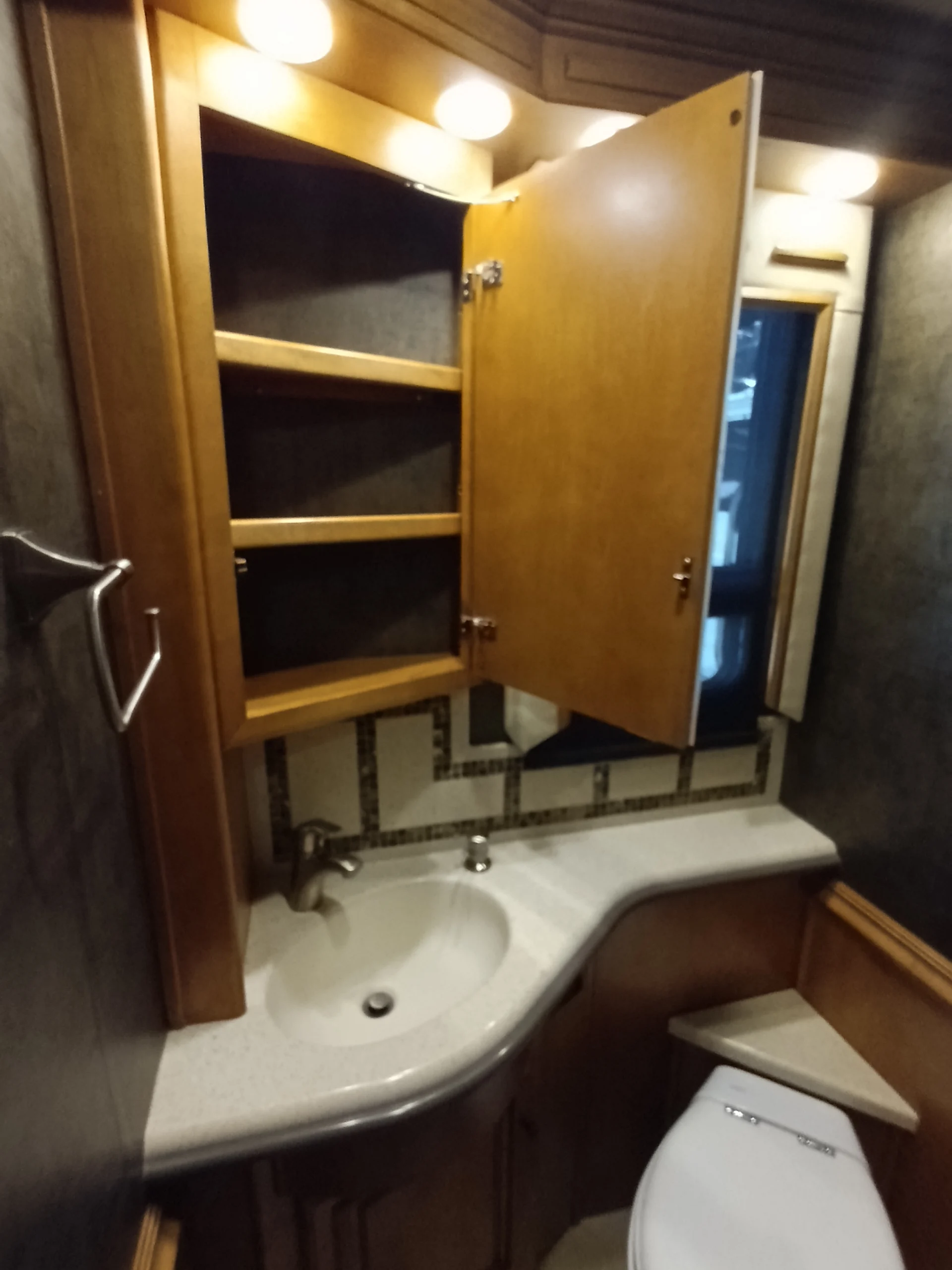 IMG_20260710_172731_299 Compact bathroom with open cabinet, sink, and toilet, featuring wood finishes and lighting, ideal for Motorcoach and RVs.