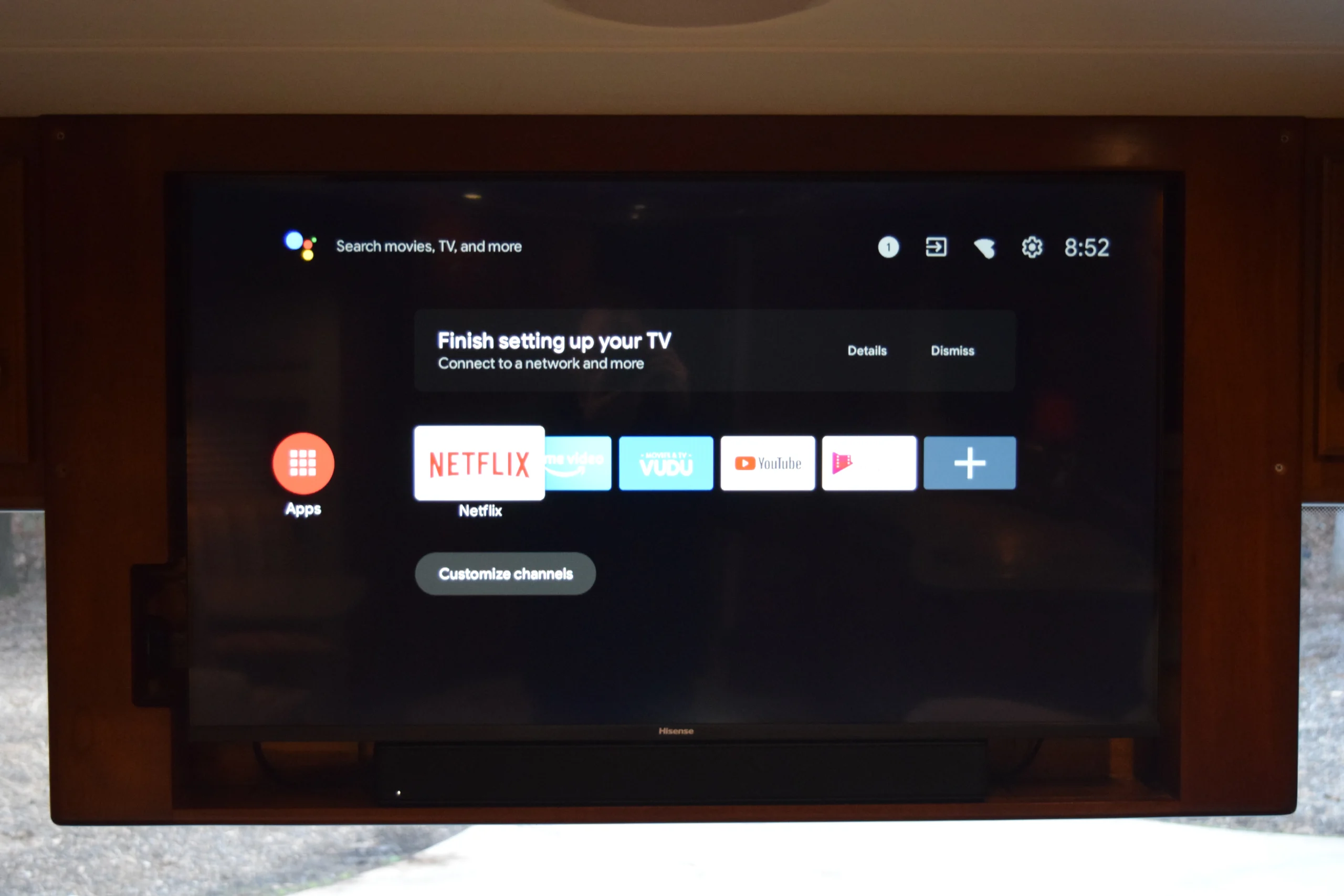 DSC_0200 Smart TV setup screen displaying app icons like Netflix and YouTube in a Motorcoach and Rvs interior.