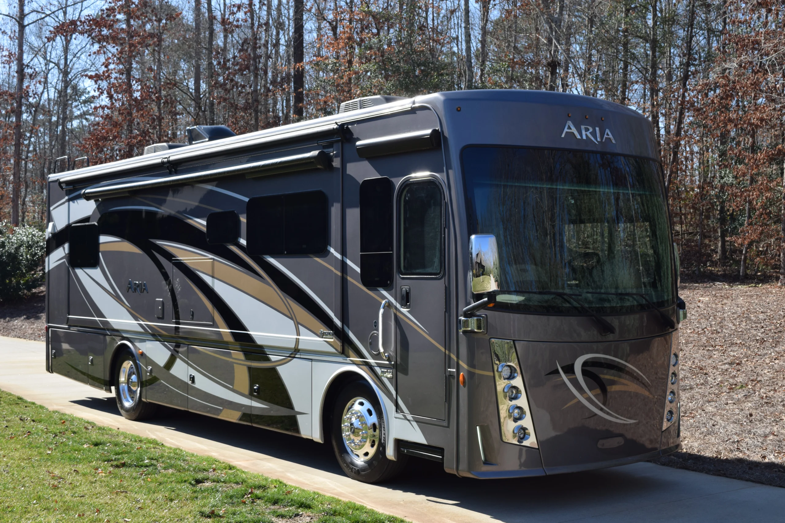 DSC_0373 Luxury Motorcoach RV parked on driveway, surrounded by trees. Sleek design with decorative graphics, reflecting a sunny day.