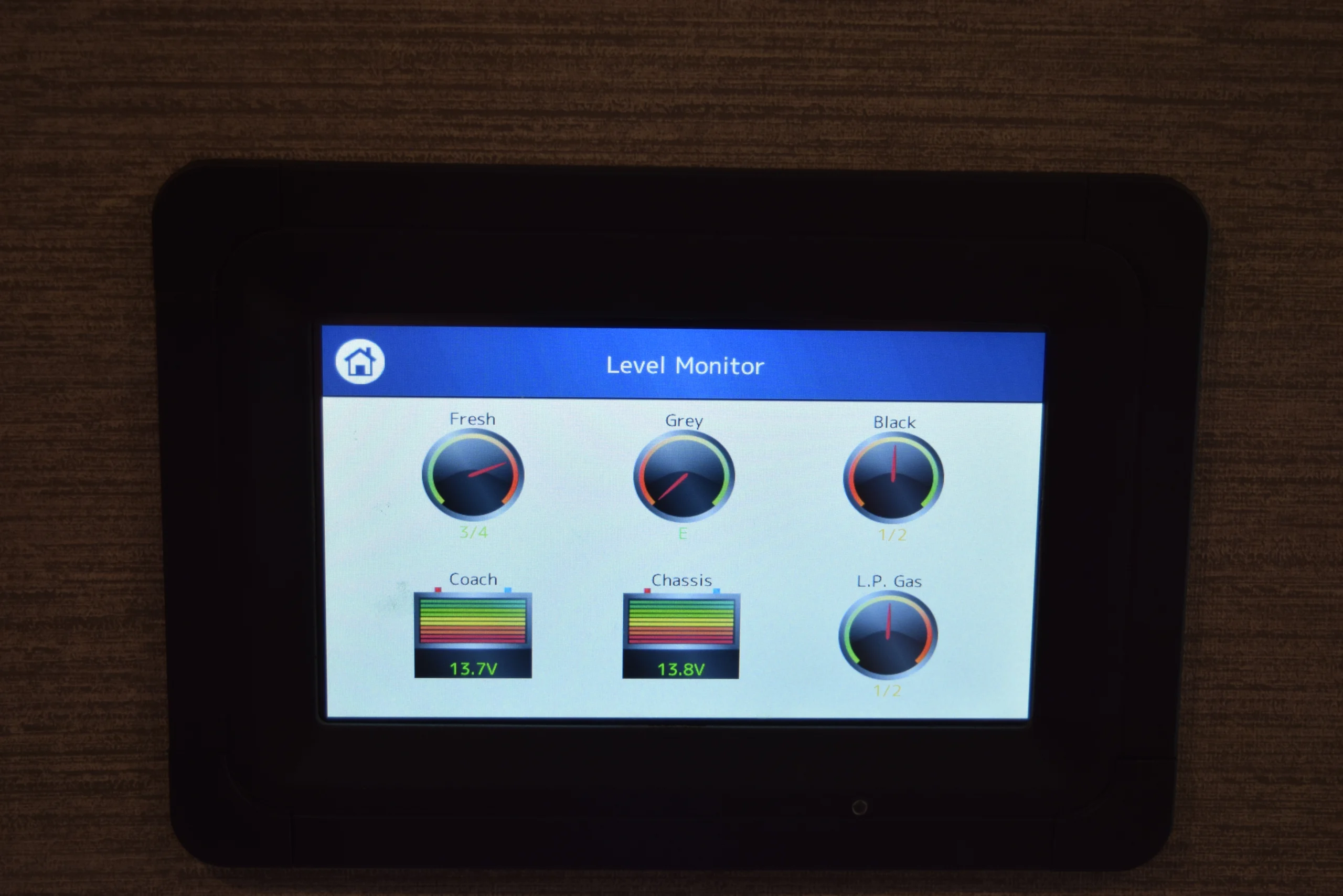 DSC_0760 Level monitor display for Motorcoach and RVs showing fresh, grey, and black water levels, battery voltage, and L.P. gas at half capacity.