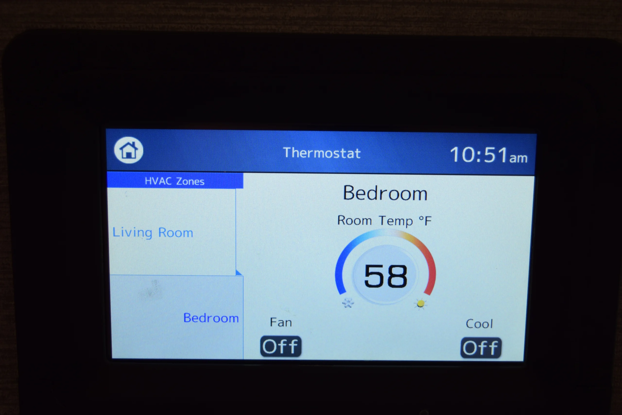 DSC_0762 Thermostat display for Motorcoach and RVs; bedroom temp is 58°F with fan and cooling options off, time shown is 10:51 am.