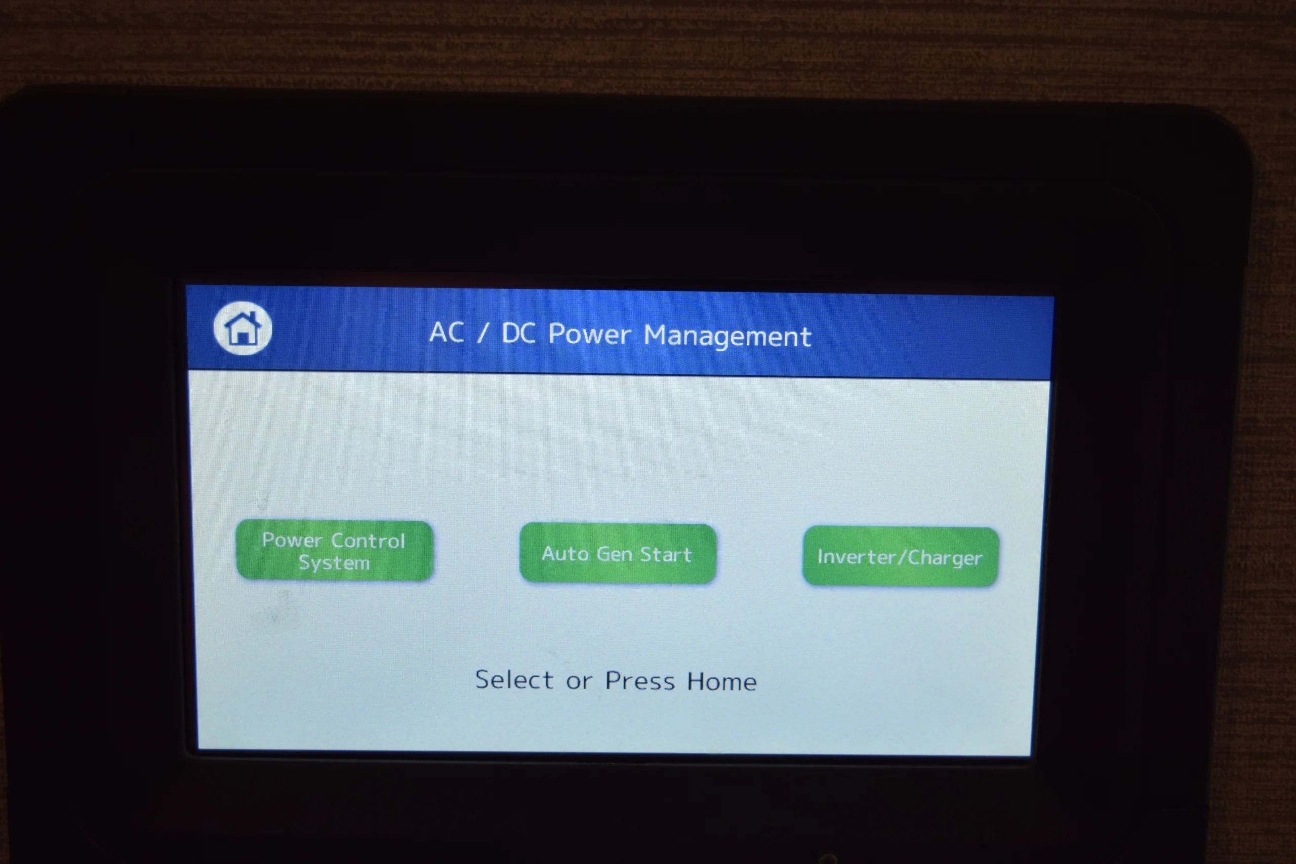 DSC_0764 AC/DC Power Management touchscreen with options: Power Control System, Auto Gen Start, Inverter/Charger. Designed for Motorcoach and RVs.